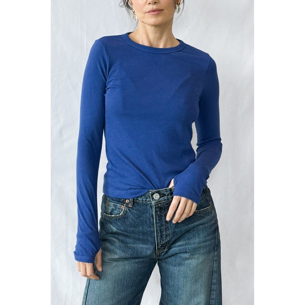 ENZA COSTA Cashmere New Classic Long Sleeve Crew Top Women Small Cobalt Blue Tee